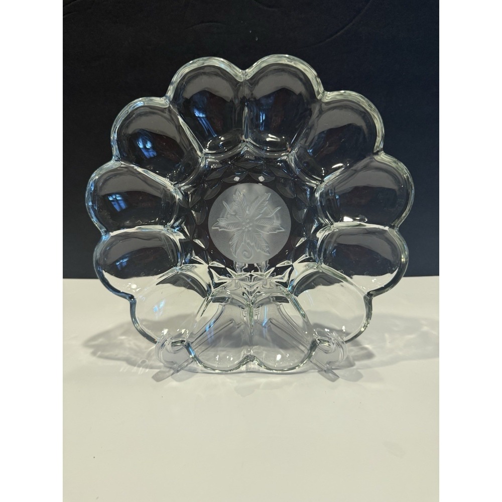 Vintage Clear Glass Deviled Egg Plate Poinsettia Center 10" Holds 12 Eggs